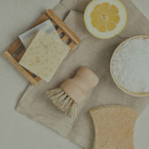 Home cleaning non toxic, natural products. Plastic free, zero waste lifestyle. Flat lay, top view